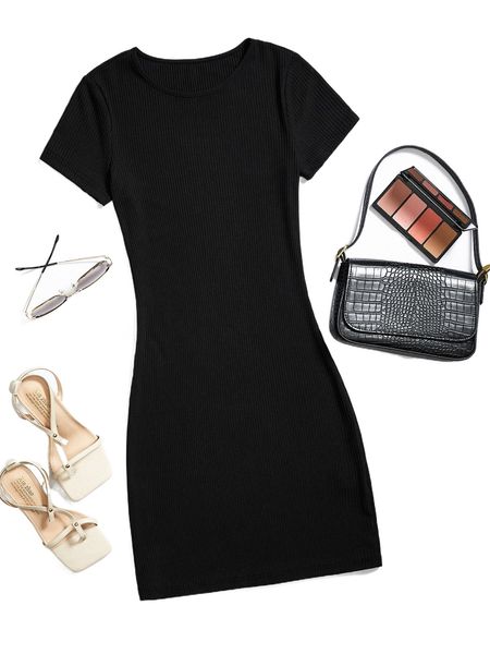 

solid r.ib-knit t.ee d.ress g2co#, Black;gray