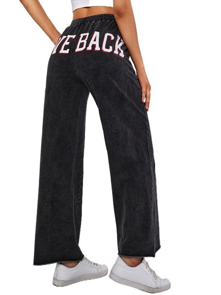 

letter graphic raw hem wide leg pants v6xz#, Black;white