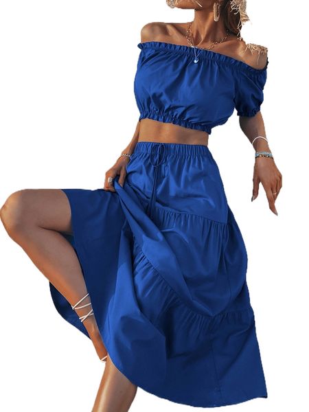 

off shoulder crop & tie waist ruffle hem skirt f67o#, White