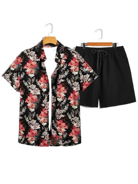 

men floral print shirt & drawstring waist shorts i2qf#, Gray