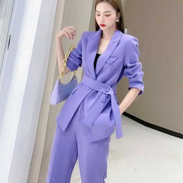 Pantaloni a due pezzi da donna Abito da ufficio viola da donna Completo a due pezzi Tailleur pantalone da donna Chic Elegante blazer Set femminile Giacca allentata casual Abbigliamento da lavoroWo