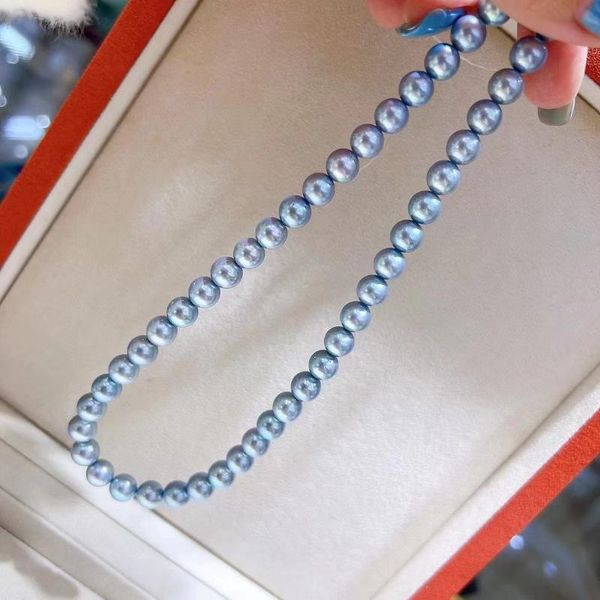 Correntes colar de prata esterlina azul redonda redonda akoya água do mar 8-8,5 mm Pearl Long for Women Fashion Wedding Jewelry 2022chains Chainschains