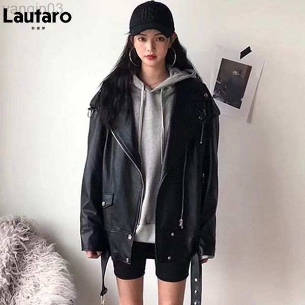 LaUtaro Autumn Black Garreinize namorado faux Jackets de moto de couro para mulheres zíper de cinto de manga comprida Moda coreana casual L220801