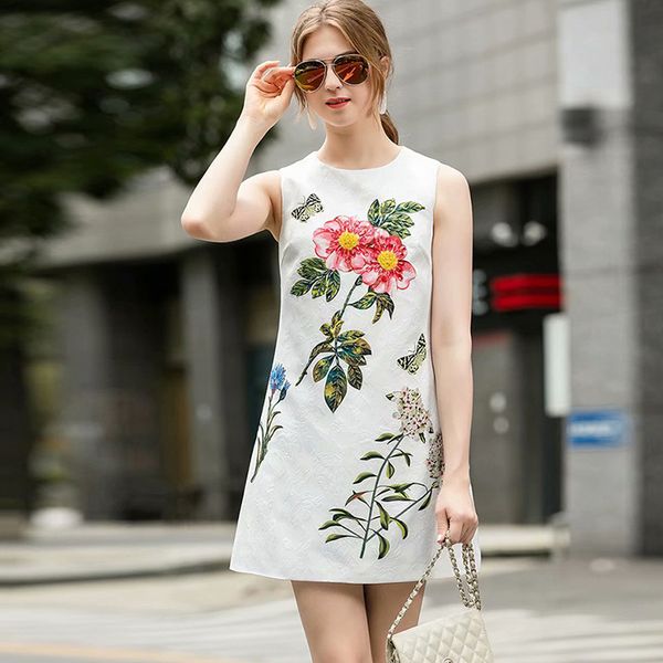 

women's runway dress o neck sleeveless beaded printed dobby a line short high street fashion dresses vestidos, Black