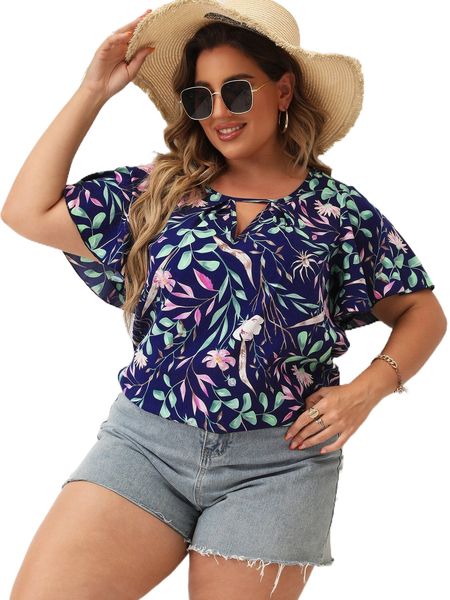 

plus floral & plants print key hole neck blouse j9oo#, Black