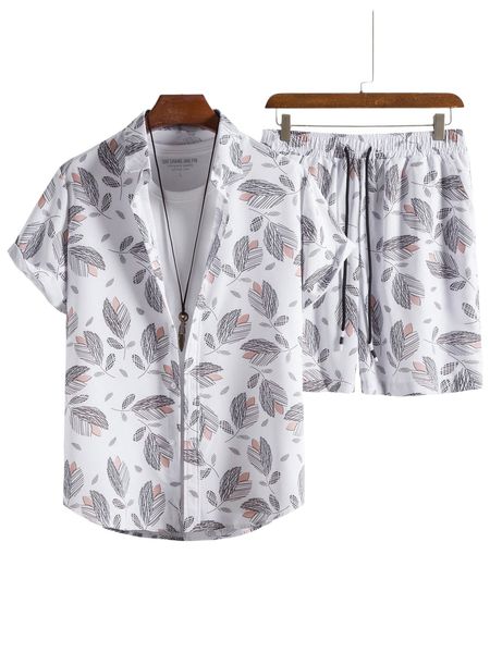 

men random plant print shirt & drawstring waist shorts without tee y3yn#, Gray