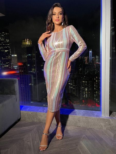 

striped sequin split back dress 92fd#, Black;gray