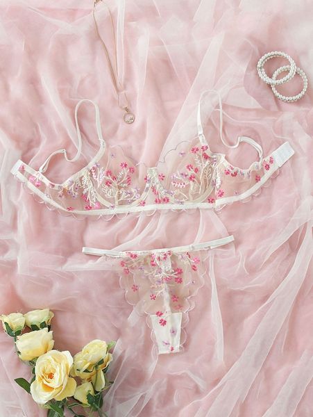 

floral embroidery mesh underwire lingerie set 85xn#, Black;red