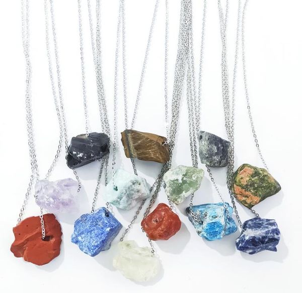 

irregular natural crystal large rough stone pendant necklace for women men stainless steel chain, Silver