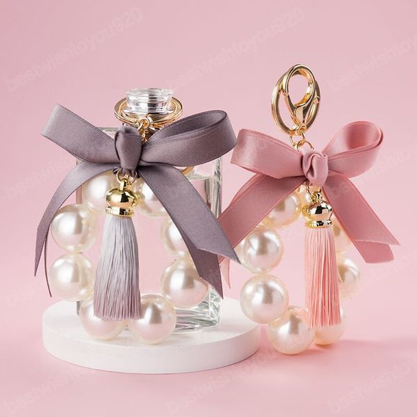 

fashion bowknot pearl tassels car keychains for women girl exquisite bag charm pendant keychain accessories car keyring ornament, Silver