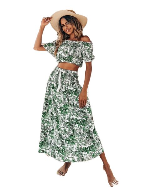 

off shoulder tropical & shirred waist skirt u0nz#, White