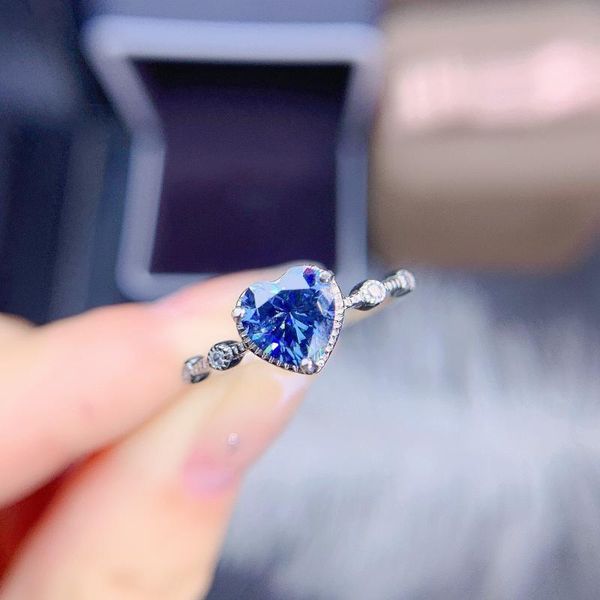 

cluster trendy rings blue heart moissanite ring real 925 sterling silver jewelry1ct vvs lab diamond with certificate for women anniversary g, Golden;silver