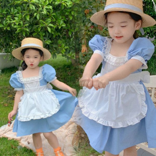 15910 Summer Cute Kids Girls Princess Dress Abbigliamento per bambini Manicotto a sbuffo Lace Up Bowknot Palace Style Faux Abiti casual a due pezzi