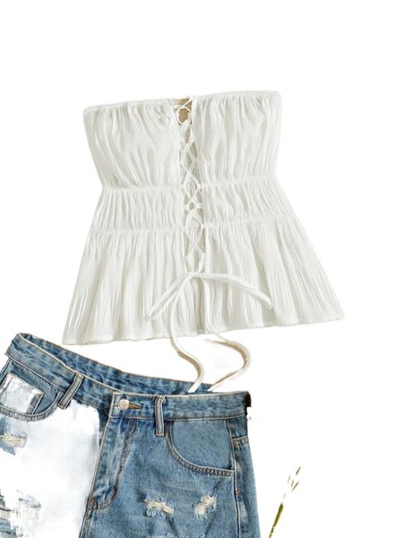 

lace up front ruffle hem tube 55f6#, White