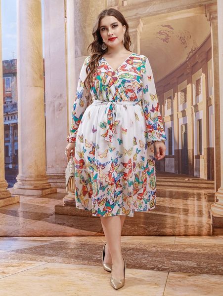 

plus butterfly print overlap collar lantern sleeve belted dress n6ll#, Black