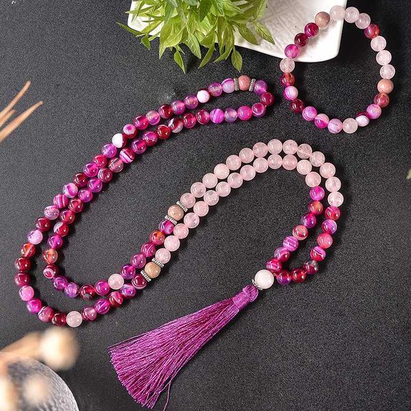 

pendant necklaces 8mm rhodochrosite rose quartz agate beaded 108 japamala necklace meditation yoga healing tibetan jewelry bracelet tassel, Silver