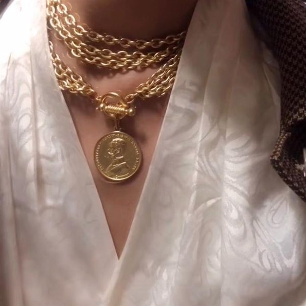 

rongho vintage metal human head chokers necklaces for women chunky chains necklace metal coin pendant necklace punk jewelry228k, Golden;silver