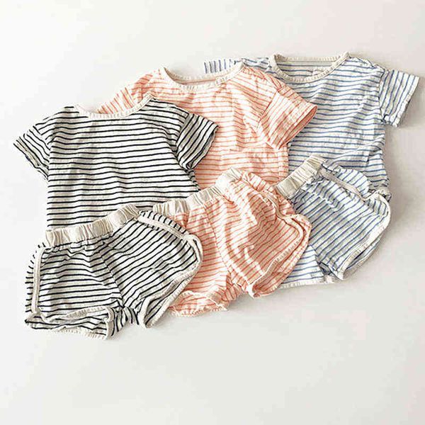 

milancel 2021 summer new kids suit stripde cotton girls 2pcs korean short sleeve boys sets casual children clothes aa220316, White