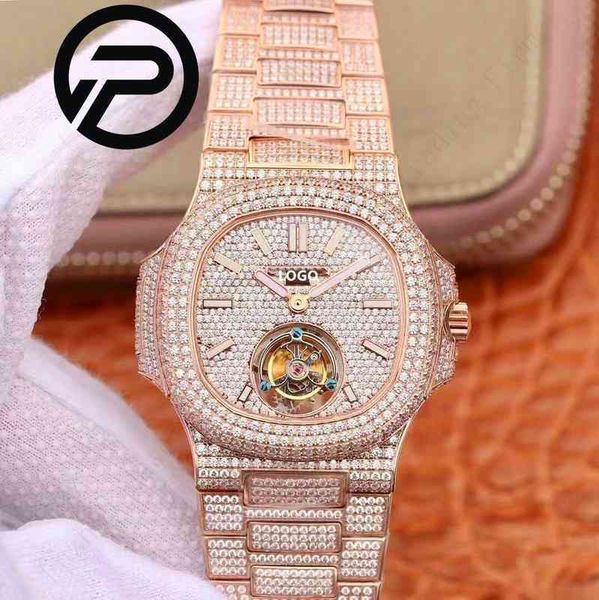 

brand mechanical watches customized r8 factory 40mm tourbillon manual movement waterproof full ice pp watch, Slivery;brown