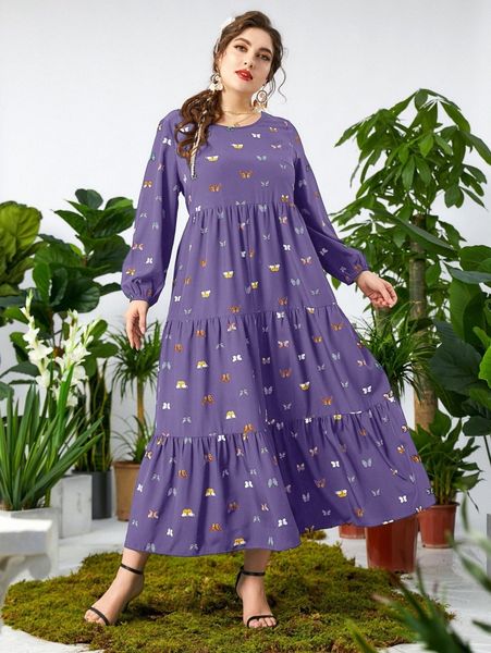 

plus butterfly print lantern sleeve ruffle hem smock dress f5ju#, Black