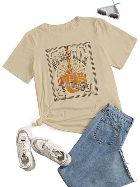 

plus letter & guitar print tee b4vx#, Black