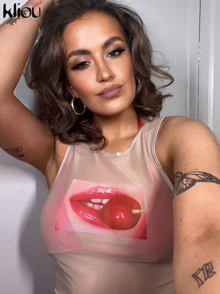 

y2k mesh sleeveless tanks women little see through crop hipster lips print thin summer vest girl party clothing, Black;white