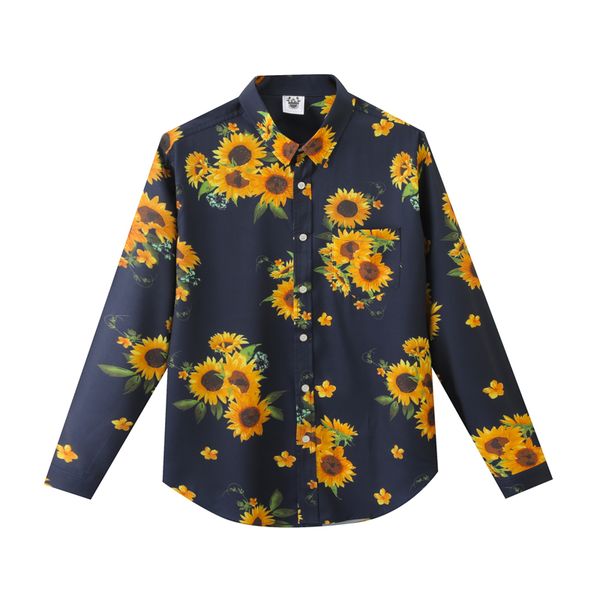 

european and american men's wear summer 2022 new long-sleeve lapel single-breasted sunflower print fashion shirt, White;black