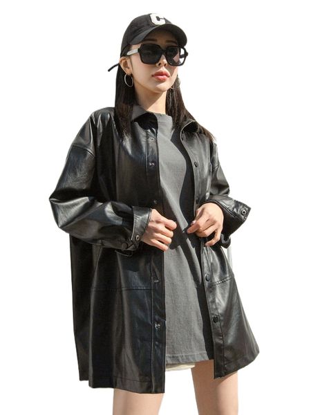 

dazy drop shoulder pressed button pu leather coat s3im#, Black