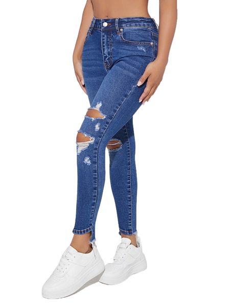 

petite ripped asymmetrical hem skinny jeans y1hv#, Blue