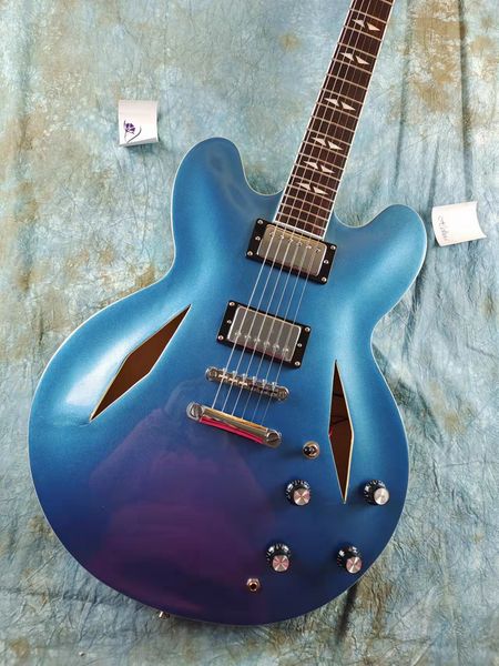 

335 electric guitar, all hollow, f hole, blue and silver shining, in stock