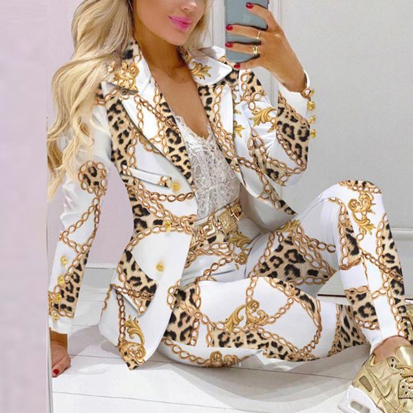 Autumn Women Leopard Print Blazer Coat Pants Suits Sets Femme Jacket Formal Trouspers Office Lady Roupfits 2 Peças Conjunto 220511