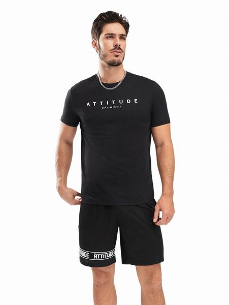 

men letter graphic tee & track shorts set x192#, Gray