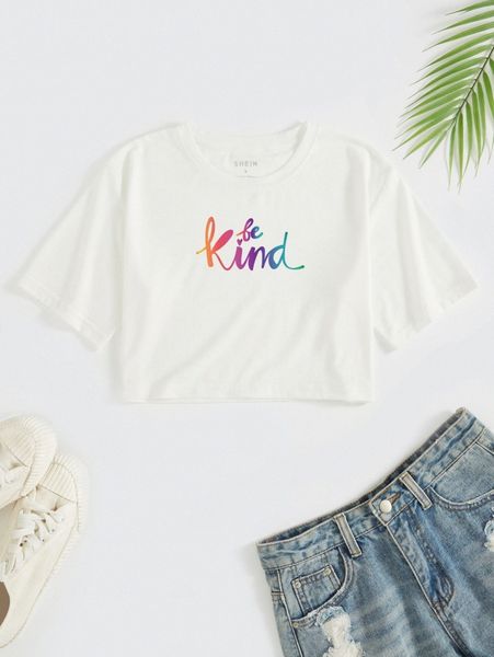 

slogan graphic crop tee 706c#, White