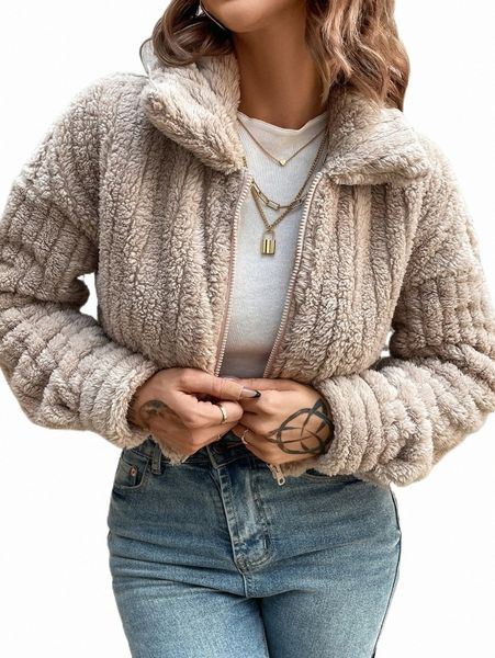 

zip up drop shoulder crop teddy jacket 03dw#, Black;brown