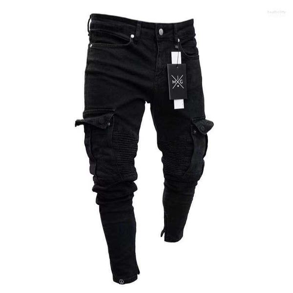 Jeans masculinos Men Black Stretch Skinny Fit Bottom Zipper Fashion Bolsetes laterais Slim lápis calças 2022 Street Hip Hop JOVENS HEAT22