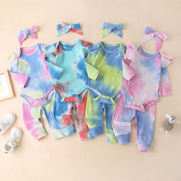 

girls designer clothes kids tie-dye pit striped clothing sets summer boutique rompers pants headband suits breathable casual jumpsuits trous, White