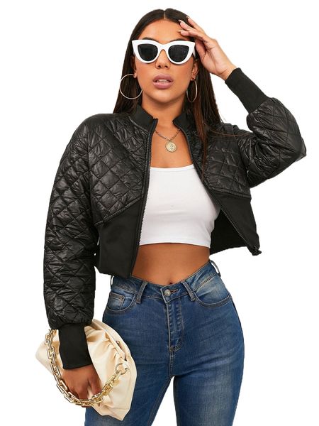 

mock neck zip up padded crop jacket q4fs#, Black
