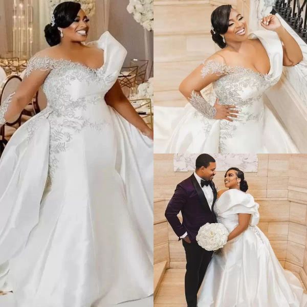 

2022 plus size a line wedding dresses bridal gown with overskirt one shoulder lace applique long sleeves custom made wedding party gowns ves, White