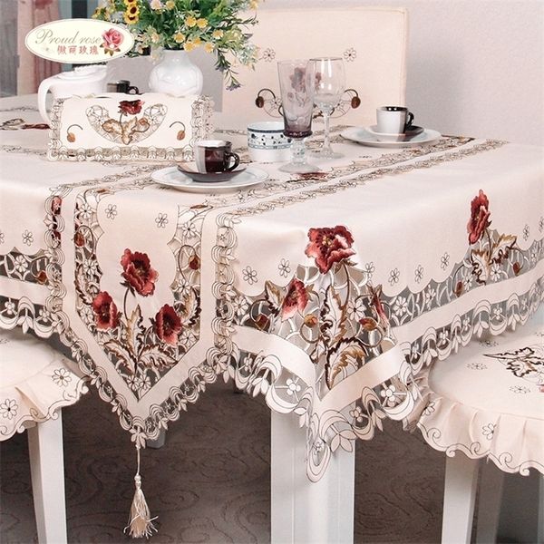 Proud Rose Exquisite Embroidery Hollow-out Chair Cover Tovaglia Ellipse Tea Table Cloth Rural Table Runner Tovaglia rotonda T200306