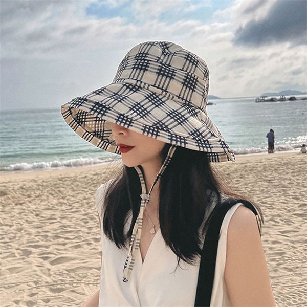 

10cm wide brim checked summer sun hats for women girls outdoor sun protection fisherman cap girls casual plaid bob panama hat 220513, Blue;gray