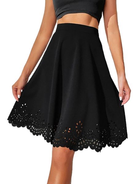 

tall high waist laser cut scallop trim skirt f9ej#, Black