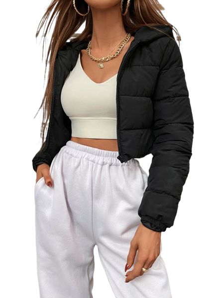 

zip up hooded crop puffer coat 35al#, Black