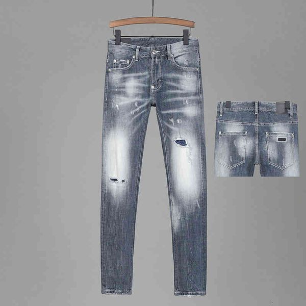 

men's jeans trendy men's jeans style holes slim fit little feet grey cat beard white denim pants qrmi, Blue