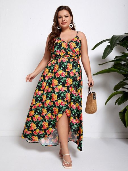 

plus allover floral print overlap collar wrap hem belted cami dress k9eq#, Black
