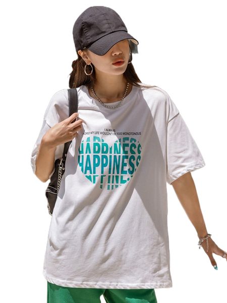 

dazy heart & slogan graphic drop shoulder tee x4b3#, White