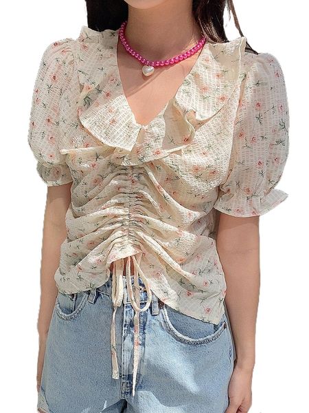 

dazy ditsy floral ruffle trim drawstring puff sleeve blouse j8jk#, White