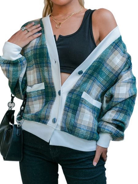 

simplee plaid drop shoulder contrast trim dual pocket overcoat m3uv#, Black