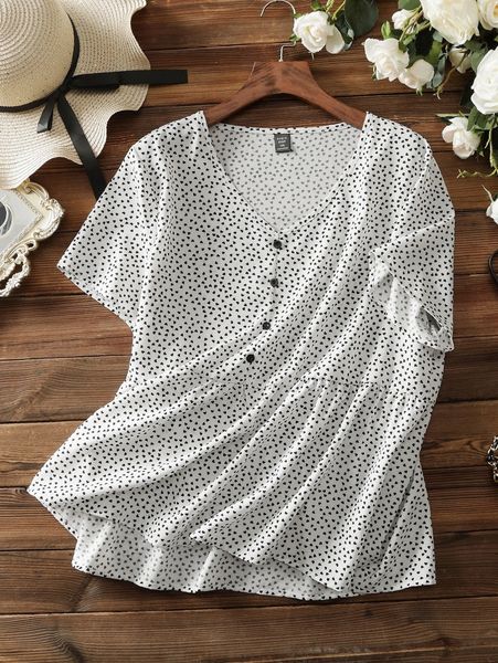 

plus allover heart button half peplum blouse 26uj#, Black