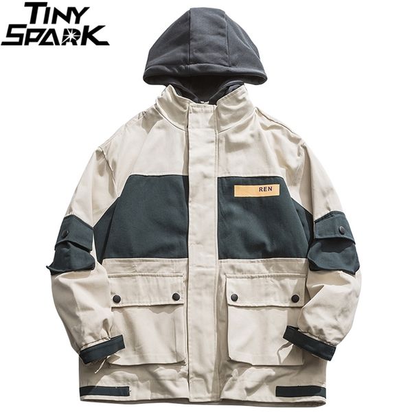 

hip hop streetwear hooded jacket 2020 spring mens harajuku jacket windbreaker color block patchowork track jacket coat zipper lj201013, Black;brown