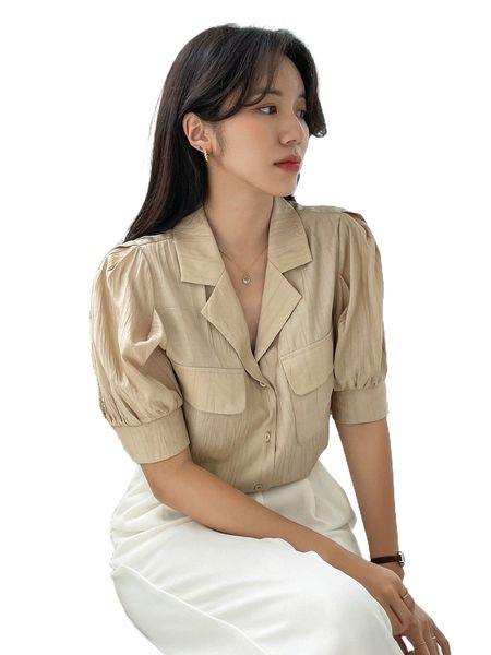 

dazy lapel neck puff sleeve flap pocket blouse i6de#, White